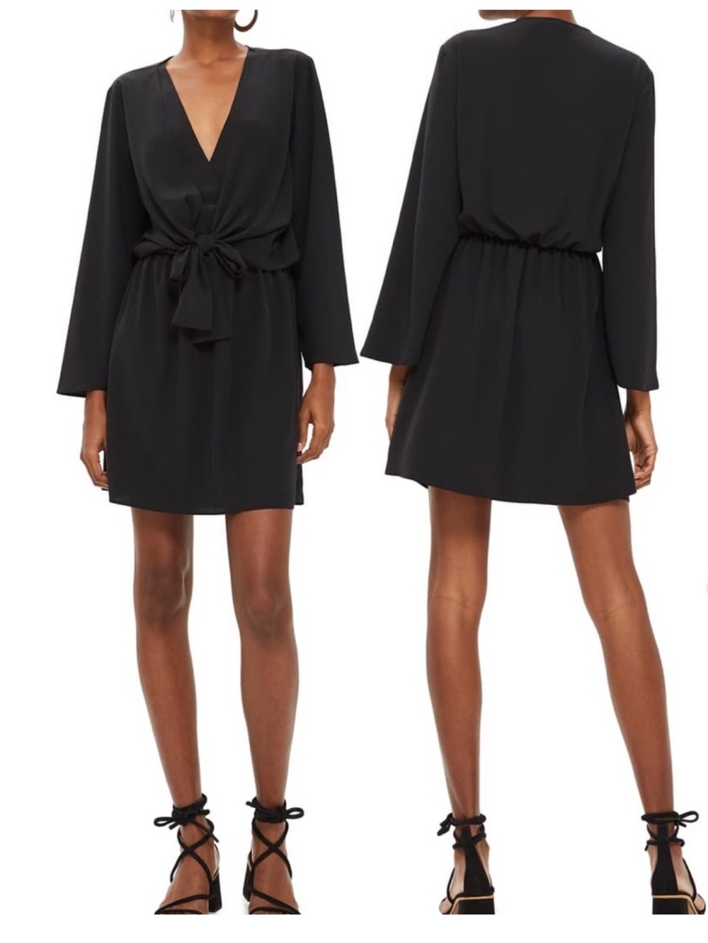 Topshop Tiffany Knot Black Long-Sleeve V-Neck Tie-Waist Mini Dress